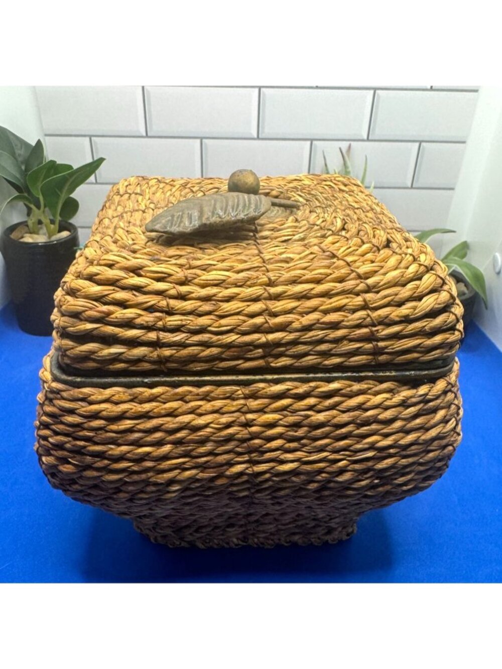 Vintage Woven Decorative Storage Basket With Lid And Metal Leaf Accent